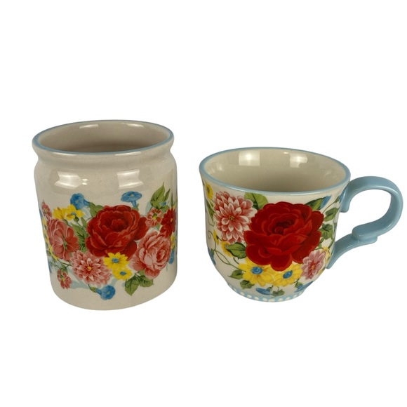 Pioneer Woman Sweet Rose Bundle: Ceramic Mini Crock Utensil Holder & 14.5 Oz Mug - Picture 1 of 9